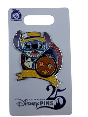 Disney Stitch 25th Anniversary Pin – Blue, Yellow & Red Glitter